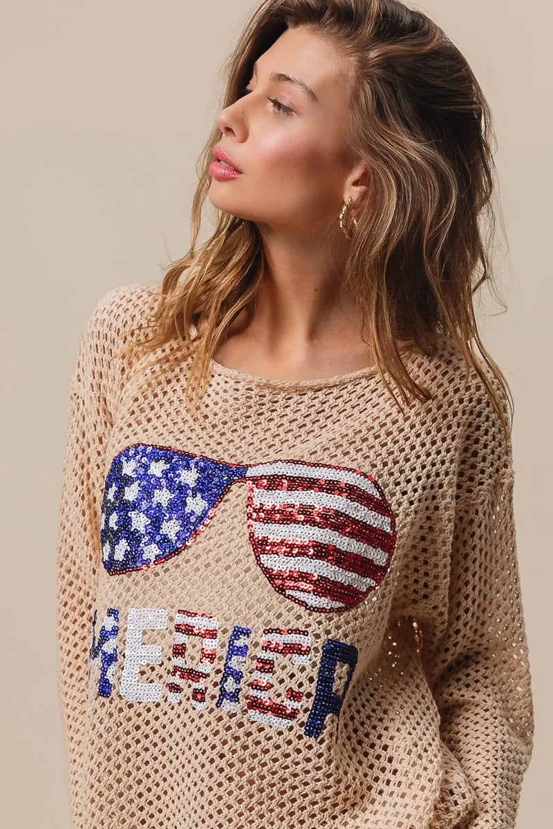 BiBi Knit Top Sequin American Flag Sunglasses Long Sleeve e7d3b45d115c4c12b4ff2ca466ce0377-Max-Origin Trendsi