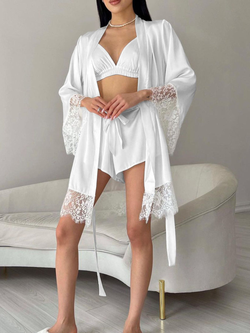 Cami and Lace-Trim Cardigan and Shorts Lounge Set
