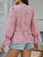 Crochet Blouse Ruffle Tie Front Flounce Long Sleeve Peplum Cut Out Embroidered e7da1f33-4329-4bbd-a5ea-6a9bbff3844e-Max Trendsi