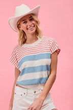 BiBi Women's Knit Top Striped Lightweight Short Sleeve Red Blue Sweater e7e075a3a42f4d3cb04edfe513c07e53-Max-Origin Trendsi