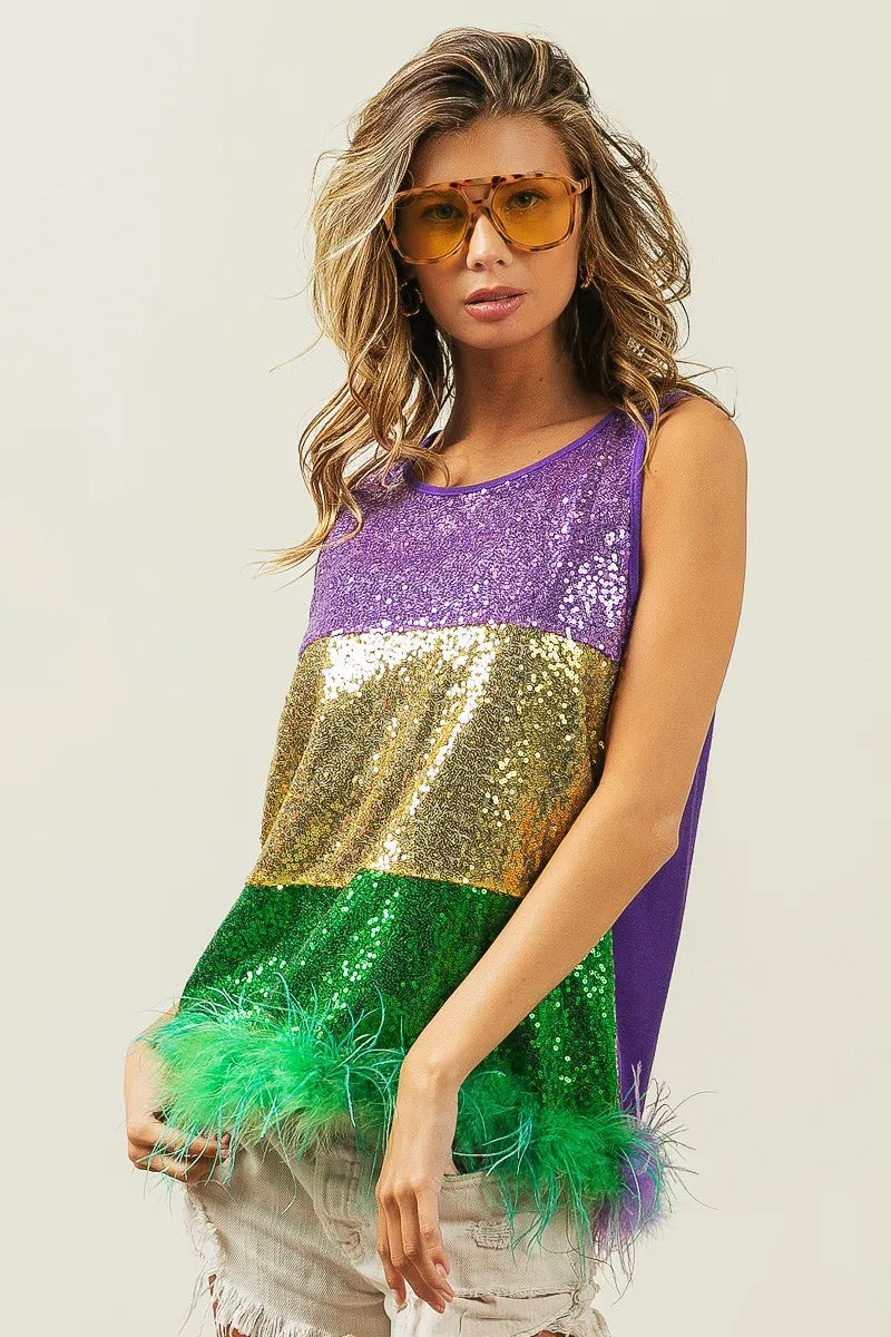 BiBi Sequin Top Mardi Gras Color Block Faux Feather Hem Sleeveless PURPLE MUSTARD GREEN e7e2c6669d004946863884596c848c84-Max-Origin Trendsi
