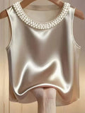 Pearl-Embellished Satin Tank Top