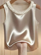 Pearl-Embellished Satin Tank Top