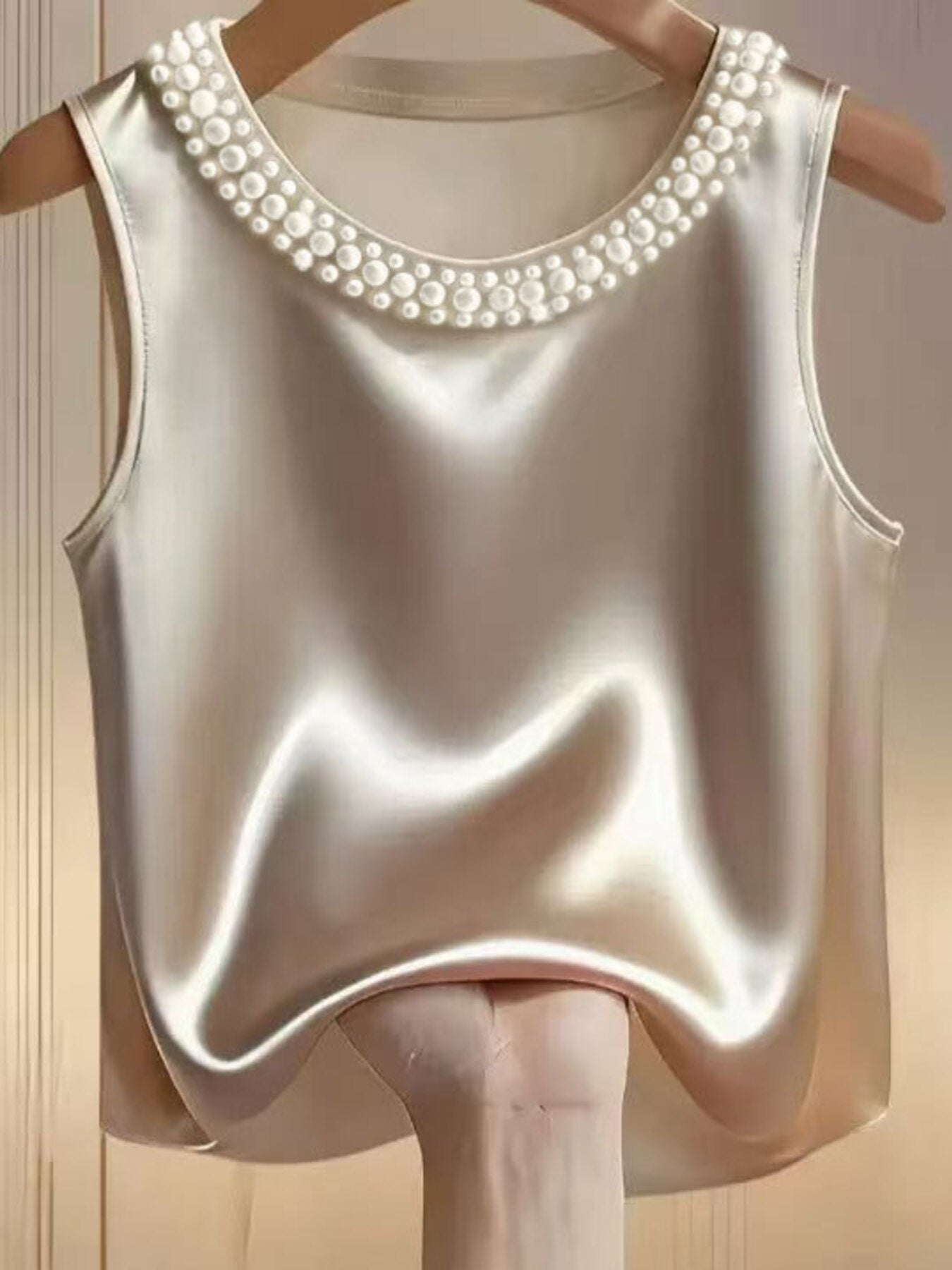 Pearl-Embellished Satin Tank Top