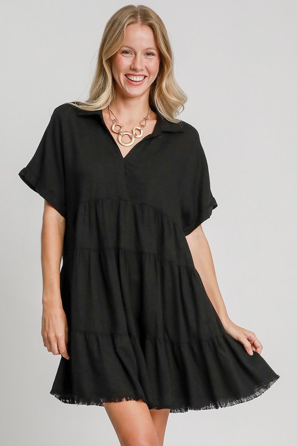 Umgee Mini Dress Black Ruffle Raw Hem Folded Short Sleeve Tiered Black e7fb109d-90a6-4183-ad8d-cef0b55f5d72-Max Trendsi