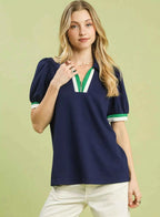 Umgee Blouse Navy Blue Puff Short Sleeve Zip Front with Contrast Striped Trim NAVY e80756b0-e8f3-4717-9408-f9b397e71312-Max-Origin Trendsi