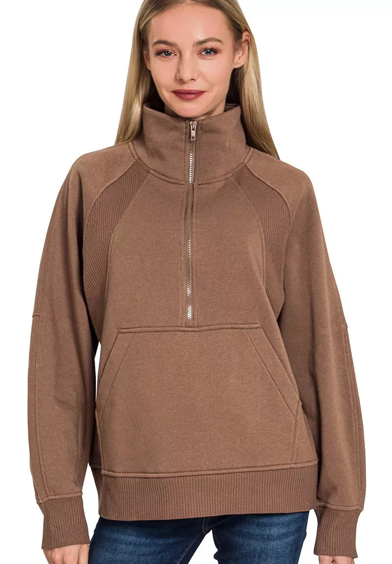 Zenana Half Zip Fleece Sweatshirt with Kangaroo Pocket BROWN e80e3a0231c04db9bc7a49561df88be5-Max-Origin Trendsi