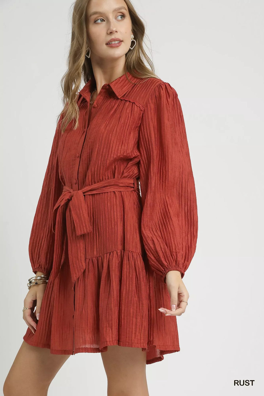Umgee Mini Shirt Dress Crinkle Rust Button-Front Tiered with Waist Tie e80ff68a-947d-42bb-ab86-6b31dc580850-Max-Origin Trendsi