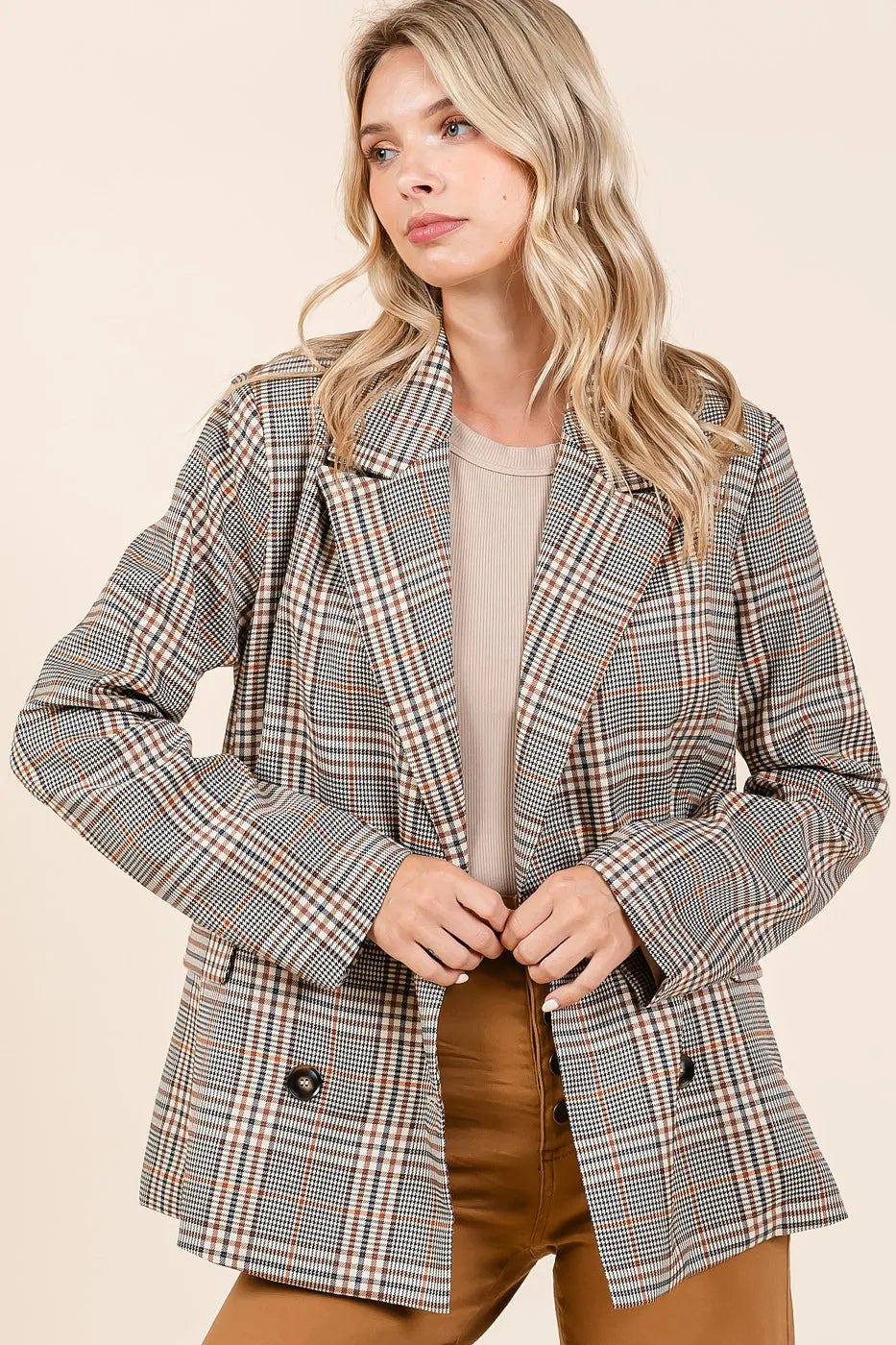 Mittoshop Plaid Blazer Double Breasted Relaxed Fit Pocketed Long Sleeve e8115e707cf744698287b9aa83f58113-Max-Origin Trendsi