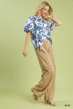 Umgee Womens Blouse Blue Lush Blossom Print Puff Sleeve Top with Ruffle Trim e825cfc6-842f-4e7c-8718-86026674dad0-Max-Origin Trendsi