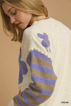 Umgee Sweater Cream Flower Jacquard Striped Long Sleeve Knit Pullover e83286ff-6a82-4ada-9bc5-04596dbabd0d-Max-Origin Trendsi