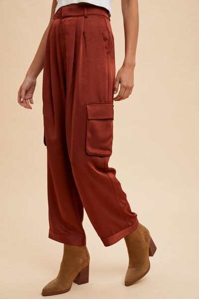 Annie Wear Cargo Satin Pants Burgundy Wide Leg Pocketed e8348658-bb66-45f6-b8bf-42f0d57fc2f5-Min Trendsi