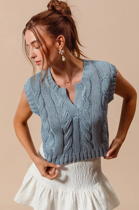 SO ME Sweater Vest Cable Knit Notched Neck Denim Gray Knit Top e839ee2747f6482dbd1f6214083db863-Max-Origin Trendsi