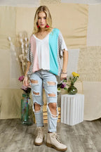 ADORA Blouse Colorblock Stripe Casual Knit Tunic Top Oversized e83e2da5e4cc40c4a8892d694faf35a6-Max-Origin Trendsi