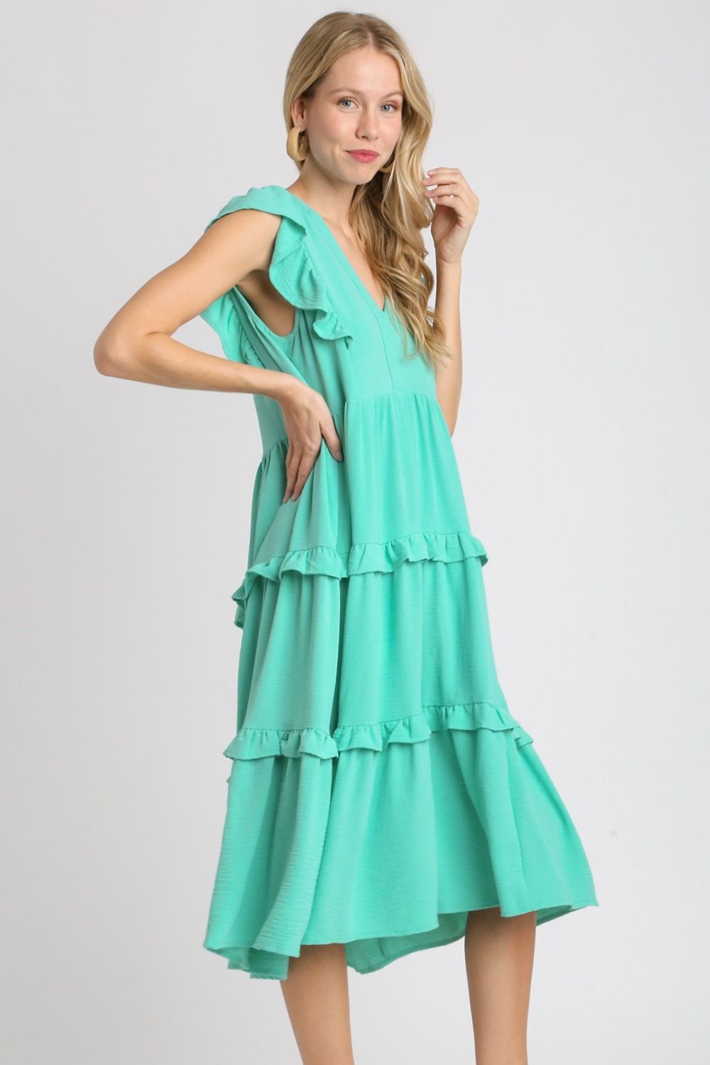 Umgee Midi Dress Ruffle Layered Emerald Tiered V neck Short Sleeve e8401106-9502-4251-891a-ce6343df3862-Max Trendsi