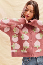 SO ME Womens Cardigan Strawberry Fruit All Over Button Sweater e8451ccb71004e3884a5e2b268239439-Max-Origin Trendsi