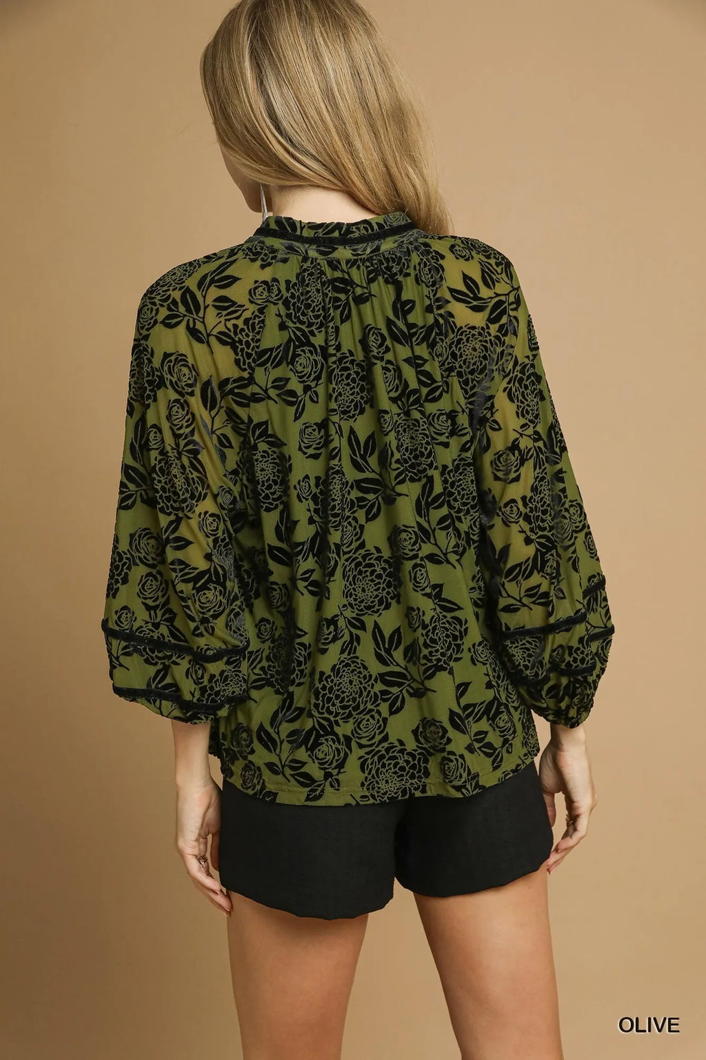 Umgee Velvet Blouse Olive Floral with Balloon Long Sleeves Top e84be533-12a7-49ab-9bd1-afc827cf6c01-Max-Origin Trendsi