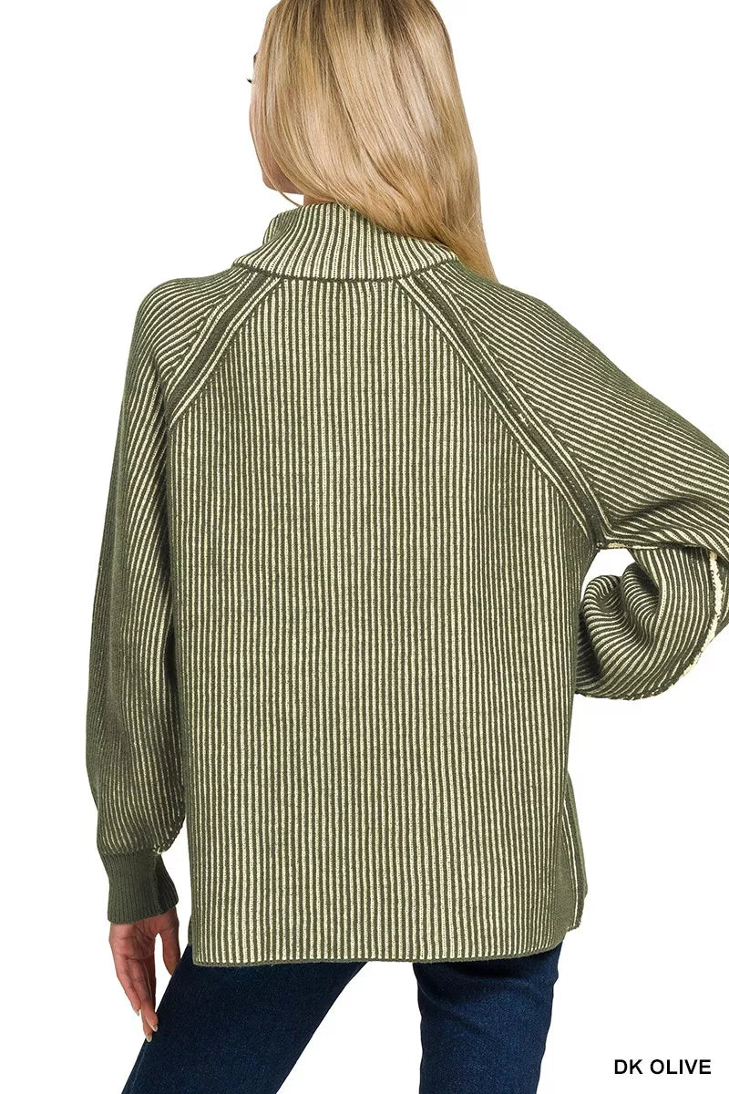 Zenana Womens Sweater Dark Olive Ribbed Two Tone Half Zip e850de9b045542cd81438cb20f2f186b-Max-Origin Trendsi