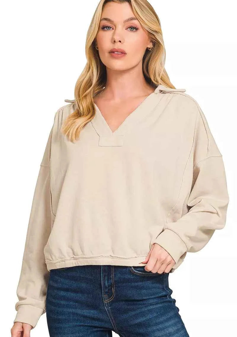 Zenana Women Sweatshirt Beige French Terry Collared Exposed Seam Top SAND BEIGE e859fea979394081977b12fd18f7f5e1-Max-Origin Trendsi