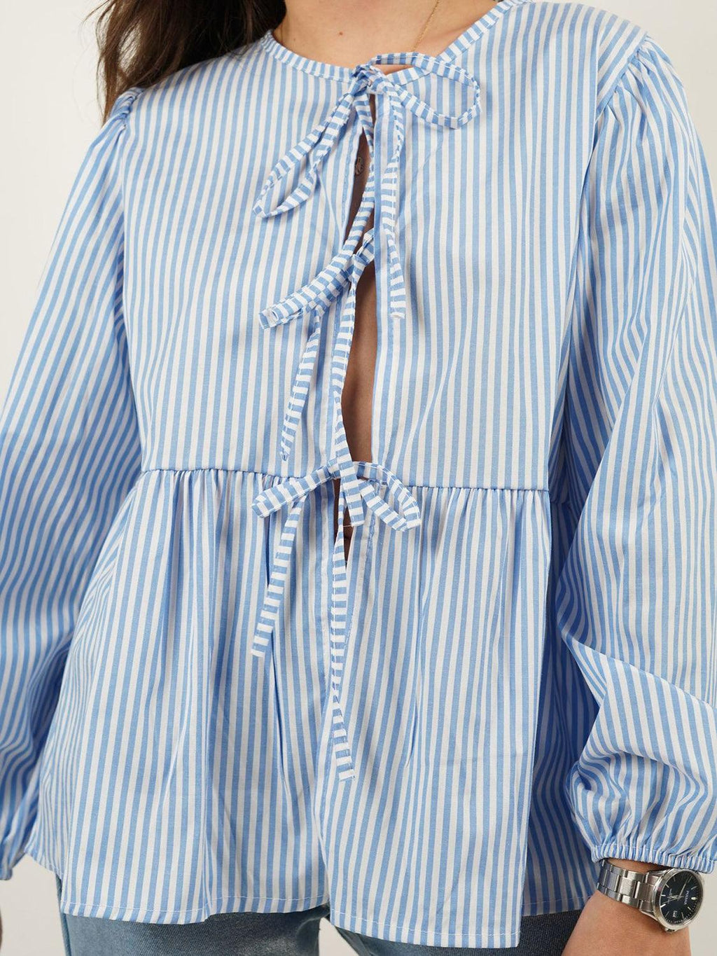 Blouse Front Tied Round Neck Long Sleeve Cotton Blend Tops e85b05b0-2a99-4401-a845-d0af1eae75f6-Max Trendsi