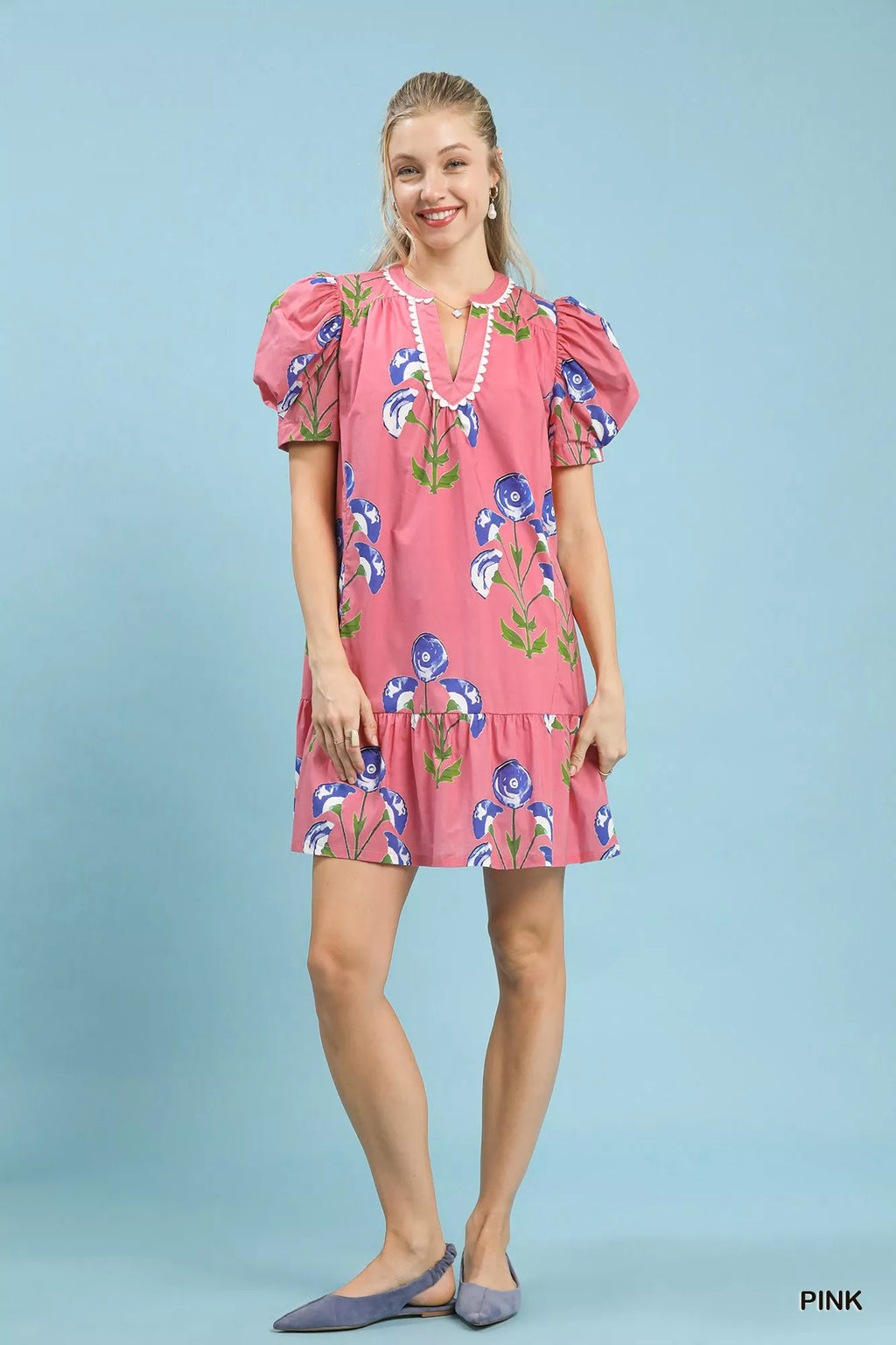 Umgee Floral Print Puff Sleeve Mini Dress with Scallop Trim e85b9711-544d-4976-92cf-516d0dc3dd04-Max-Origin Trendsi