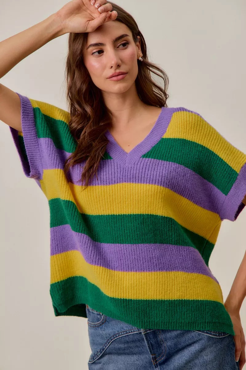 SO ME Women Sweater Purple Mix Mardi Gras Loose Fit V Neck Stripe Top e85e8fea09aa4933ac22bef122094610-Max-Origin Trendsi