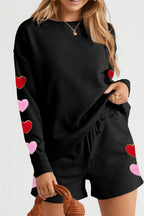 Heart Texture Outfit Set Round Neck Top and Drawstring Shorts Set 2 Pcs Black Black e8610033-2de5-4565-965d-c2c9239d7ced-Max Trendsi