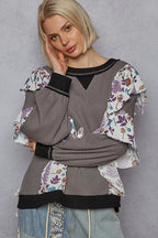 POL Womens Sweater Black Gray Round Neck Top with Floral Ruffle Detail e86a662e-4e79-432f-bbc1-1c3cd7c3adbc-Max-Origin Trendsi