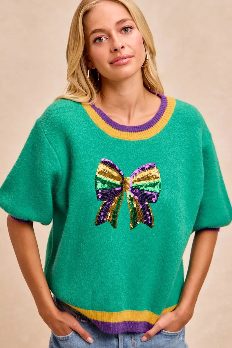 BiBi Sweater Green Mardi Gras Sequin Ribbon Patched Short Sleeve JADE e86d053f68f54bb3a5b258067af07b2d-Max-Origin Trendsi