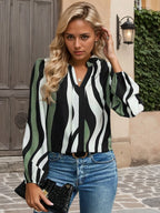 Women's Blouse Sage Striped Notched Long Sleeve Top e86f9a24-9bbd-41dc-8d57-adaf92b9b95b-Max-Origin Trendsi