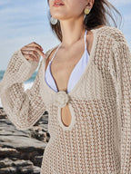 Swimwear Cover-Up Maxi Dress Knit Long Sleeve Backless Tied Beige Beige e8794796-c1bc-496d-9a1c-8c44d014baf7-Max-Origin Trendsi
