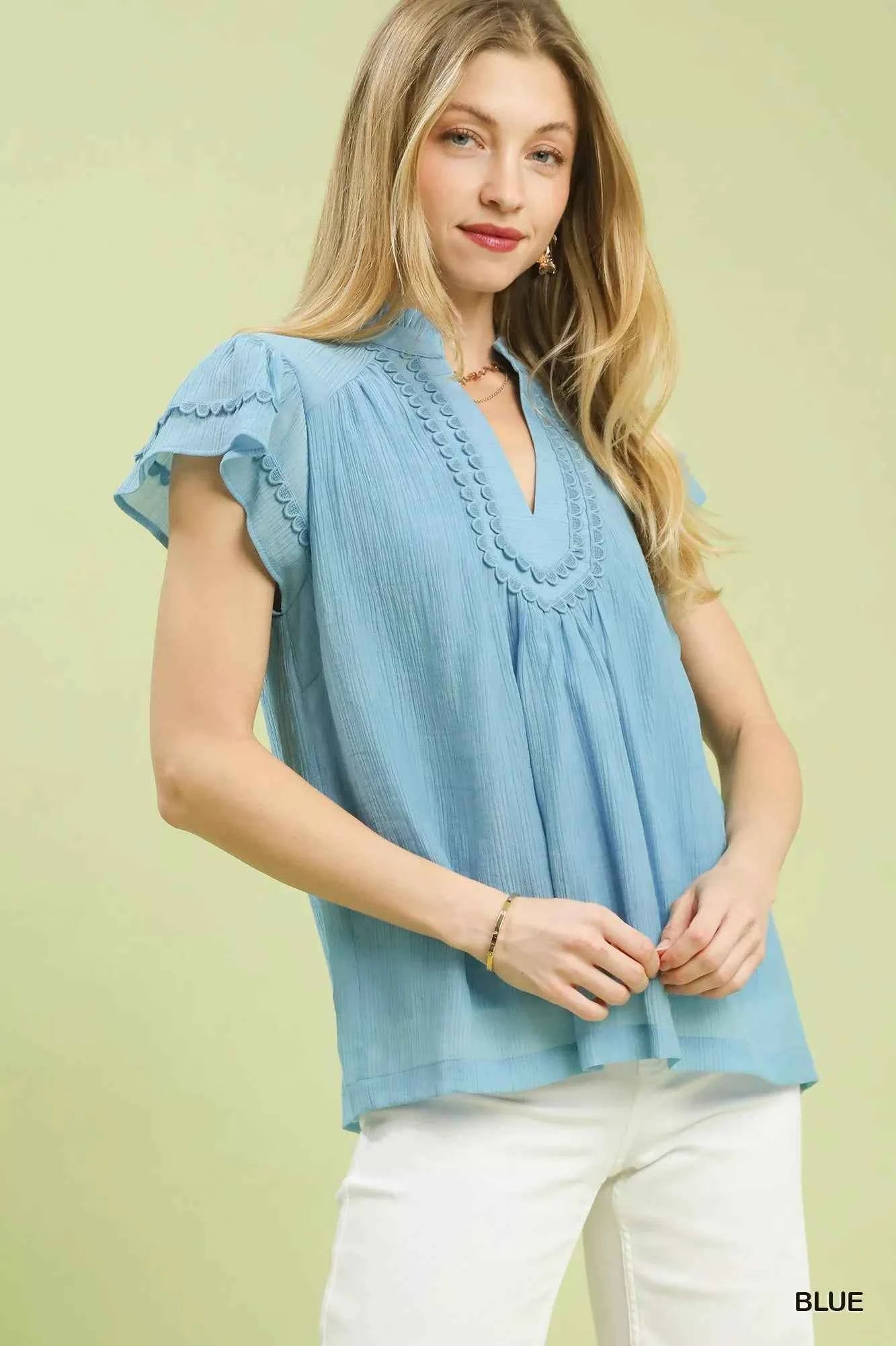 Umgee Blouse Blue Scalloped Trim Flutter Short Sleeve Top e87c7c84-0a32-46bd-bad5-523d5f002ee5-Max-Origin Trendsi
