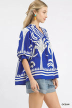 Umgee Blouse Folk Art Palm Print Ocean Blue Puff Short Sleeve Top e87c91e7-a1e8-43c6-9d13-d9fb1613f40d-Max-Origin Trendsi