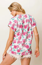BiBi T-shirt Floral Rose Printed Poly Span Fuchsia Pink with Crochet Lace Top e88335329d56455f9239f14943f26659-Max-Origin Trendsi