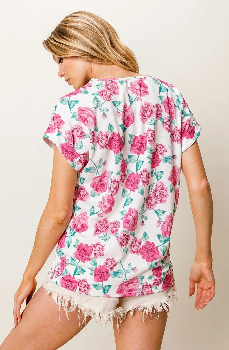 BiBi T-shirt Floral Rose Printed Poly Span Fuchsia Pink with Crochet Lace Top e88335329d56455f9239f14943f26659-Max-Origin Trendsi