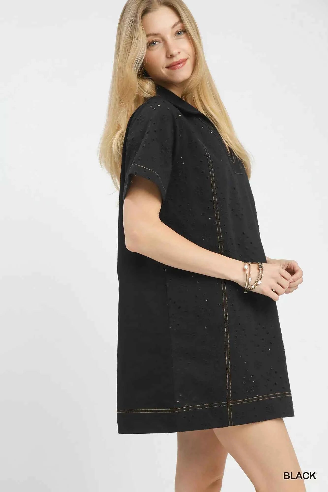 Umgee Shift Mini Dress Black Eyelet Cotton Short Sleeve with Pocket e8898b66-97eb-48f0-8cf8-f4ab65e2138b-Max-Origin Trendsi