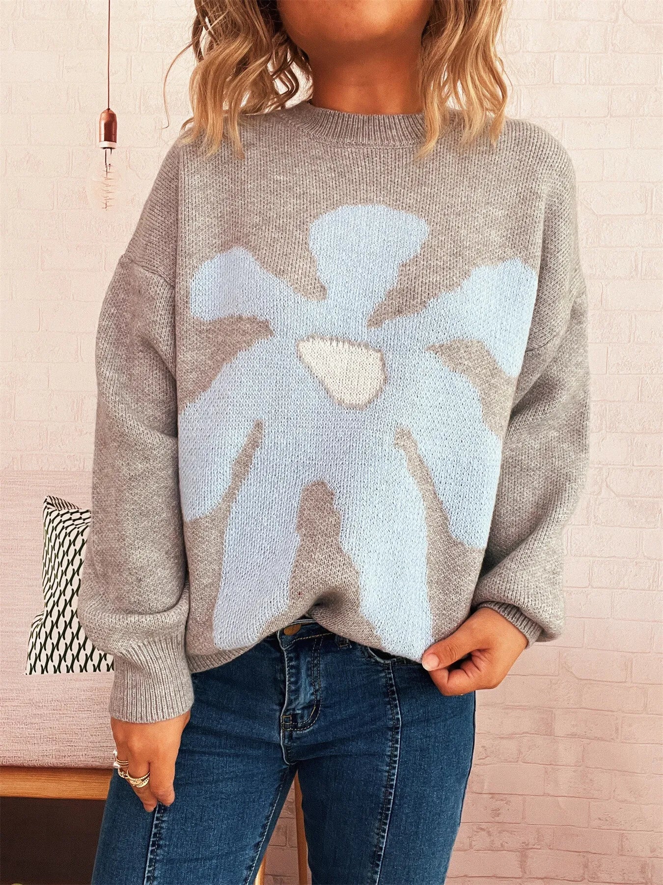 Women's Sweater Flower Dropped Shoulder Knit Long Sleeve Pullover Gray One Size e8980351375143eb9b9ea92d3f4d1f86-Max-Origin Trendsi