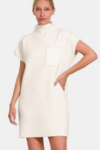 Zenana Sweater Mini Dress Short Sleeve Ivory Knit Front Pocketed High Neck e89d730f-e172-44e7-aaa5-74bf53ddaad8-Max Trendsi