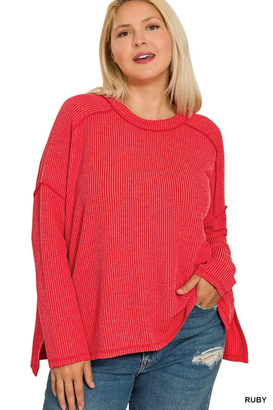 Zenana Corded Rib Knit Top Ruby Red Exposed Seam Long Sleeve Oversized e8ab9ccf-4e17-49be-aead-6bb23ab65bf7-Max-Origin Trendsi