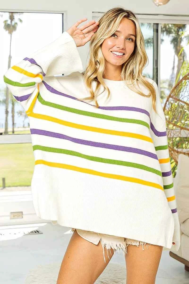 BiBi Women Sweater Ivory Multi Stripe Mardi Gras Ribbed Hem Knit Top e8be471a0cd2493a8cde2b3e06d04925-Max-Origin Trendsi