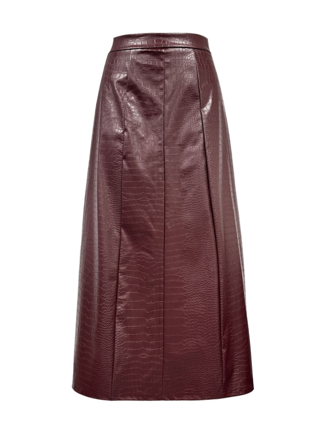 Midi Skirt Faux Leather Croco Pattern High Waist Back Zipper Skirts