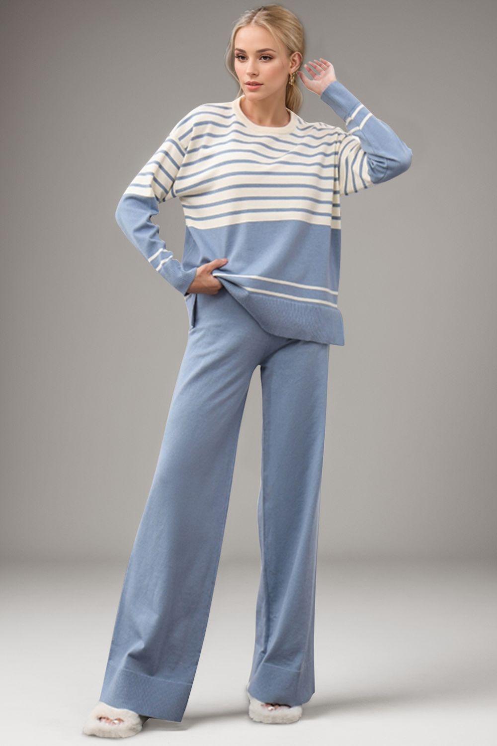 Basic Bae Outfit Sweater Set Striped Round Neck Long Sleeve Top and Pants Set