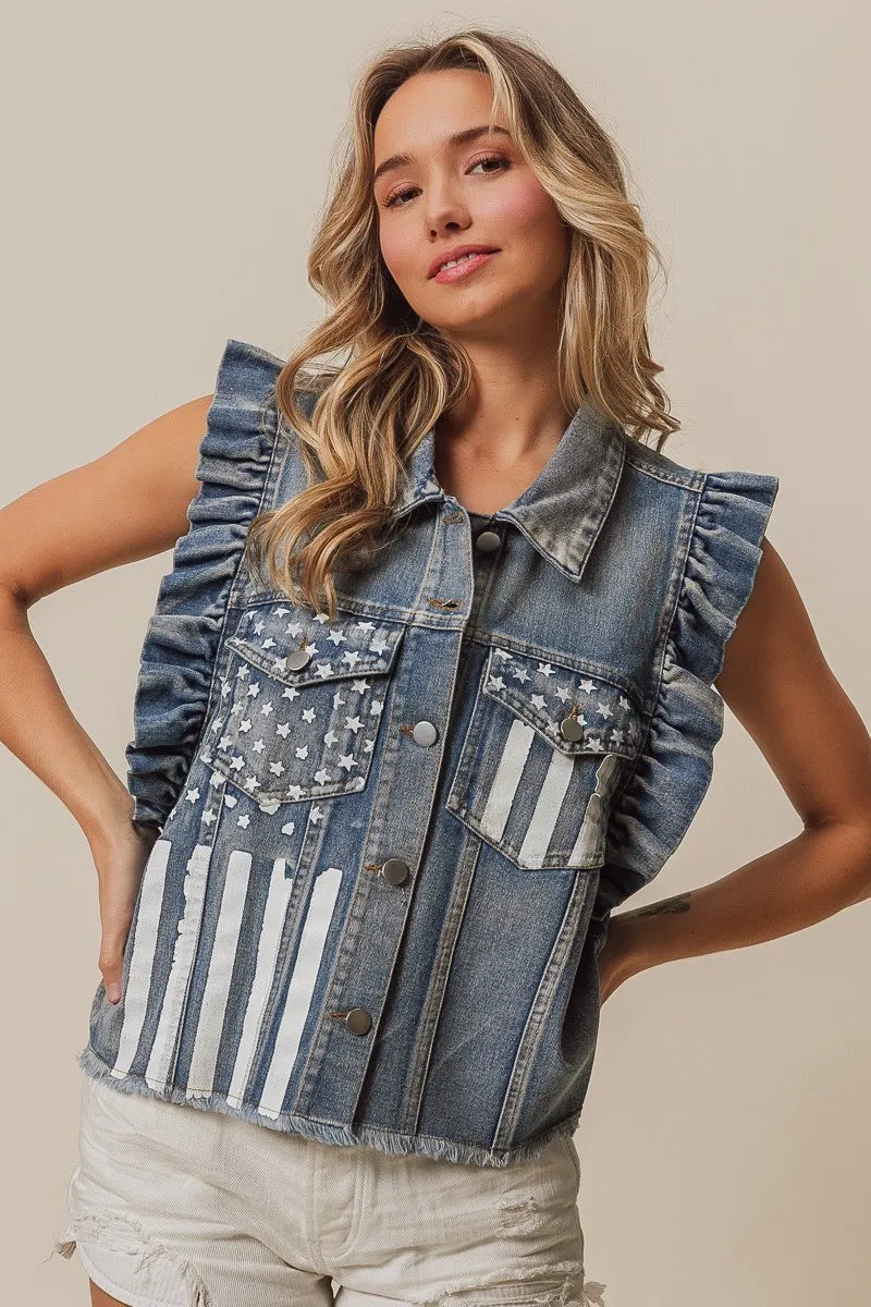 BiBi Denim Jacket American Flag Pockets Washed Ruffled Sleeves e8c12b0c-7f19-4b69-b156-5010bc007945-Max Trendsi