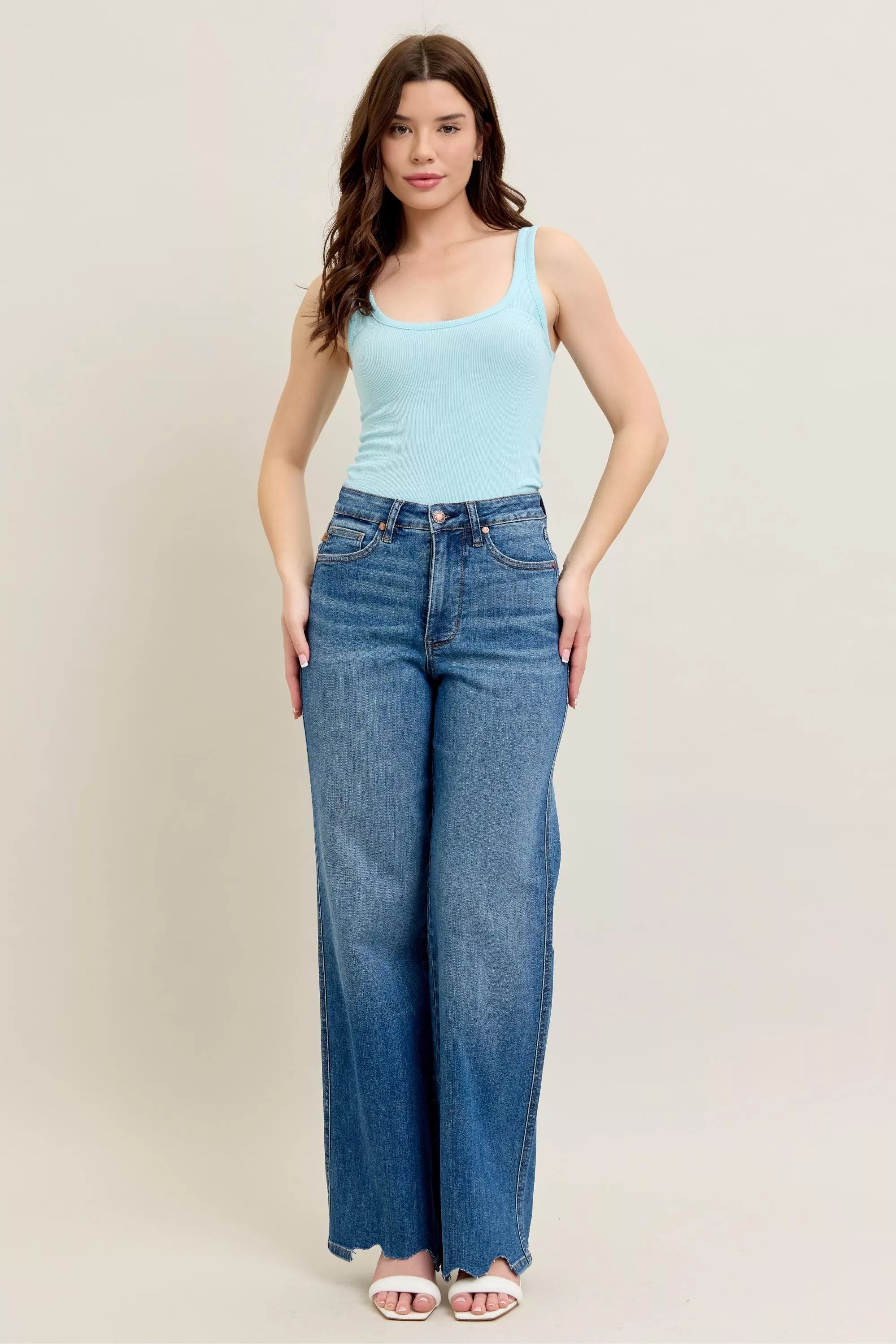 Judy Blue Jeans High Waist Tummy Control Chew Hem Destroy Wide Denims e8c2b62bfde543648b4c2e3995c78b82-Max-Origin Trendsi