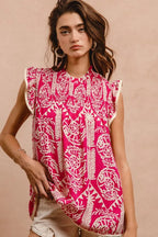 BiBi Women's Blouse Pink Floral Printed Ruffle Short Sleeve Top e8c46e5487e640ef86cc947e9b7468a4-Max-Origin Trendsi
