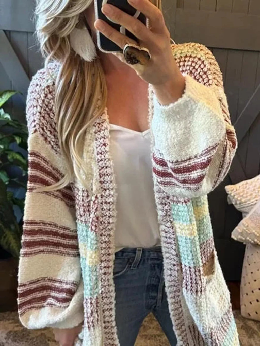 Women's Cardigan Beige Striped Open Front Longline Oversized Knit e8c57196-5bd1-4e94-b060-19cffd7ebeae-Max-Origin Trendsi