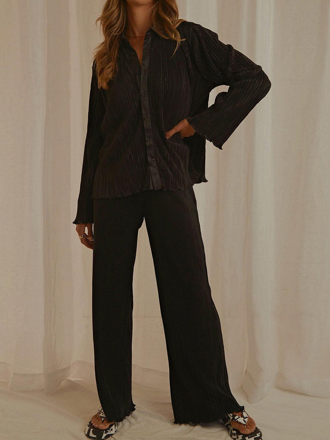 Lounge Set Collared Neck Long Sleeve Top and Pants Black e8c60027-3fc9-43c5-9cdd-d7c34c0264b2-Max Trendsi