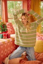 BiBi Womens Sweater Striped Sage Green Long Sleeve Oversized Pullover e8c892b8dc43409fa7dcde14ba64c82e-Max-Origin Trendsi