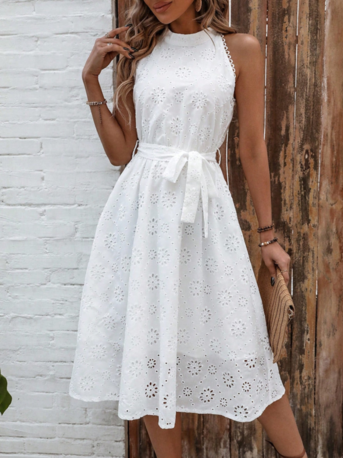 Midi Dress White Chrochet Lace Eyelet Grecian Neck Belted Tie Waist e8caf9cb-293b-41ff-ab63-fc97658c7b56-Max Trendsi