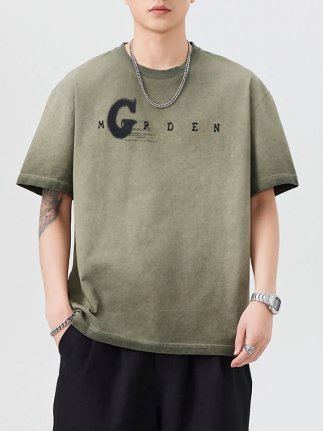 Men's T-Shirt Cotton Letter Round Neck Short Sleeve Top Army Green e8d02c0c86b943baa4df7b89d2e94148-Max-Origin Trendsi